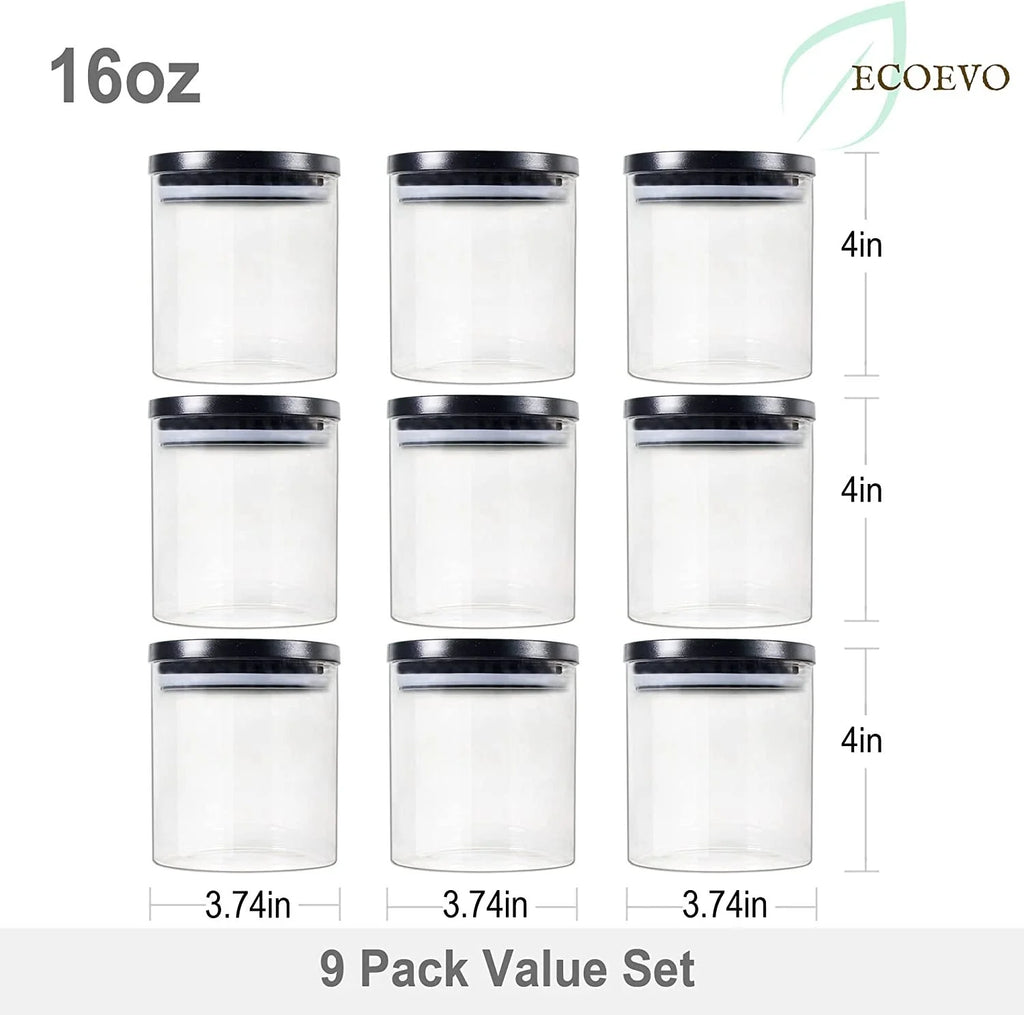 Glass Food Storage Jars 9 Pack of 16oz with Airtight Lids G229