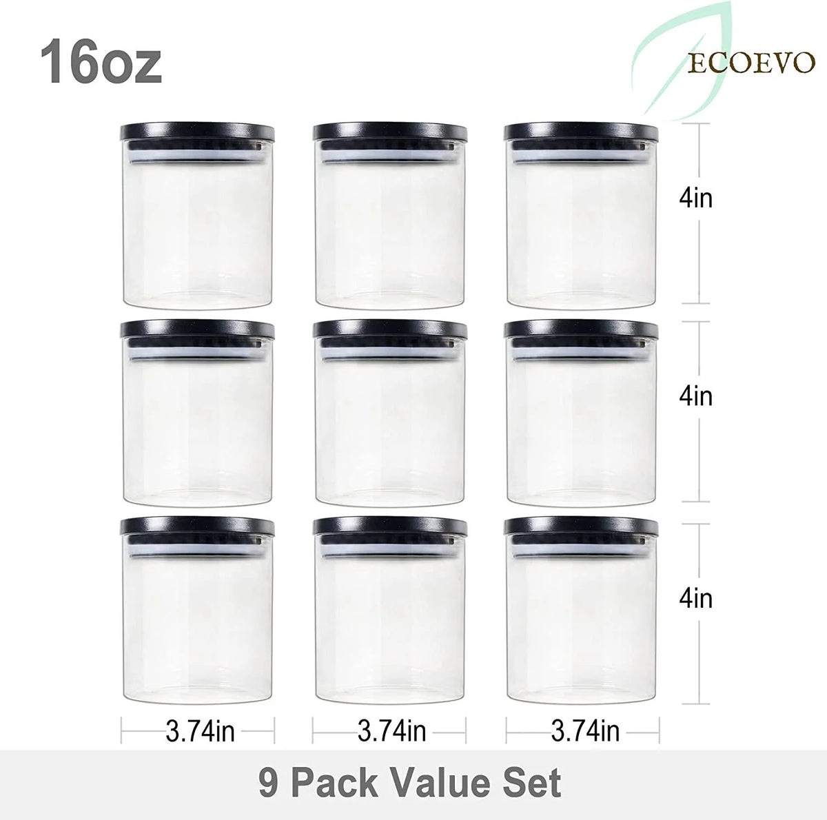 Glass Food Storage Jars 9 Pack of 16oz with Airtight Lids G229
