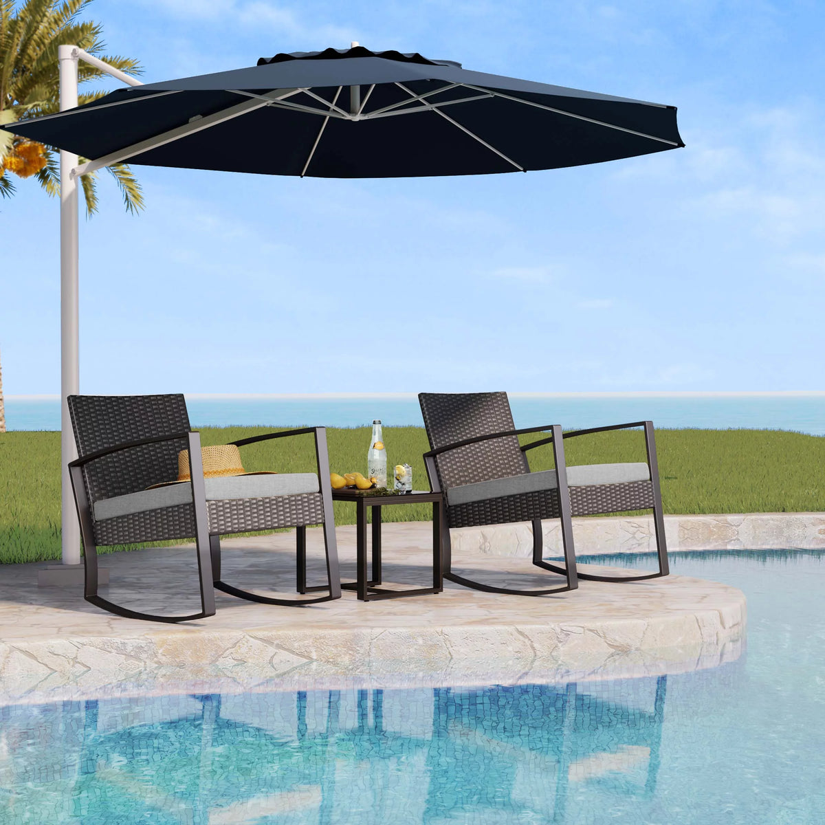 3 Pieces Wicker Patio Set with Glass Table Grey Cushion Y69476