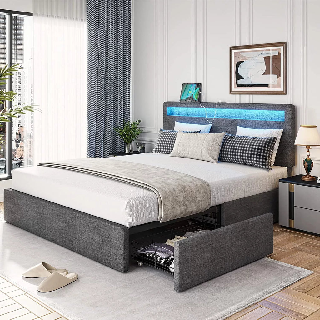 Queen Upholstered Platform Bed Frame with 4 Storage Drawers and LED Headboard A9811