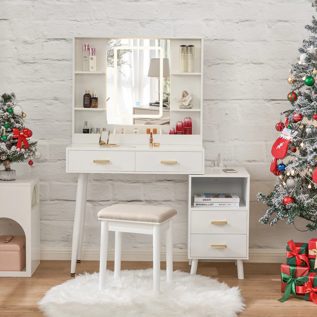 White Vanity Desk with Mirror and Lights Q57459