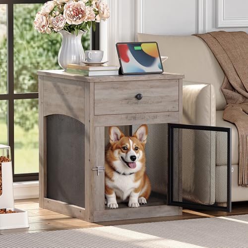 Wooden Dog Crate Furniture with Drawer and Charging Station R445