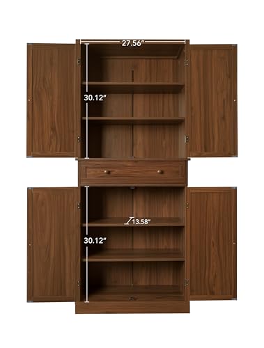 Tall Cabinet with 4 Rattan Doors and 1 Drawers, Adjustable Shelves (Walnut) R94023
