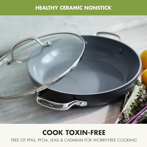 GreenPan Valencia Pro Hard Anodized Healthy Ceramic Nonstick 11" Everyday Frying Pan Skillet with 2 Handles and Lid, PFAS-Free, Induction, Dishwasher Safe, Oven Safe, Gray Z5066