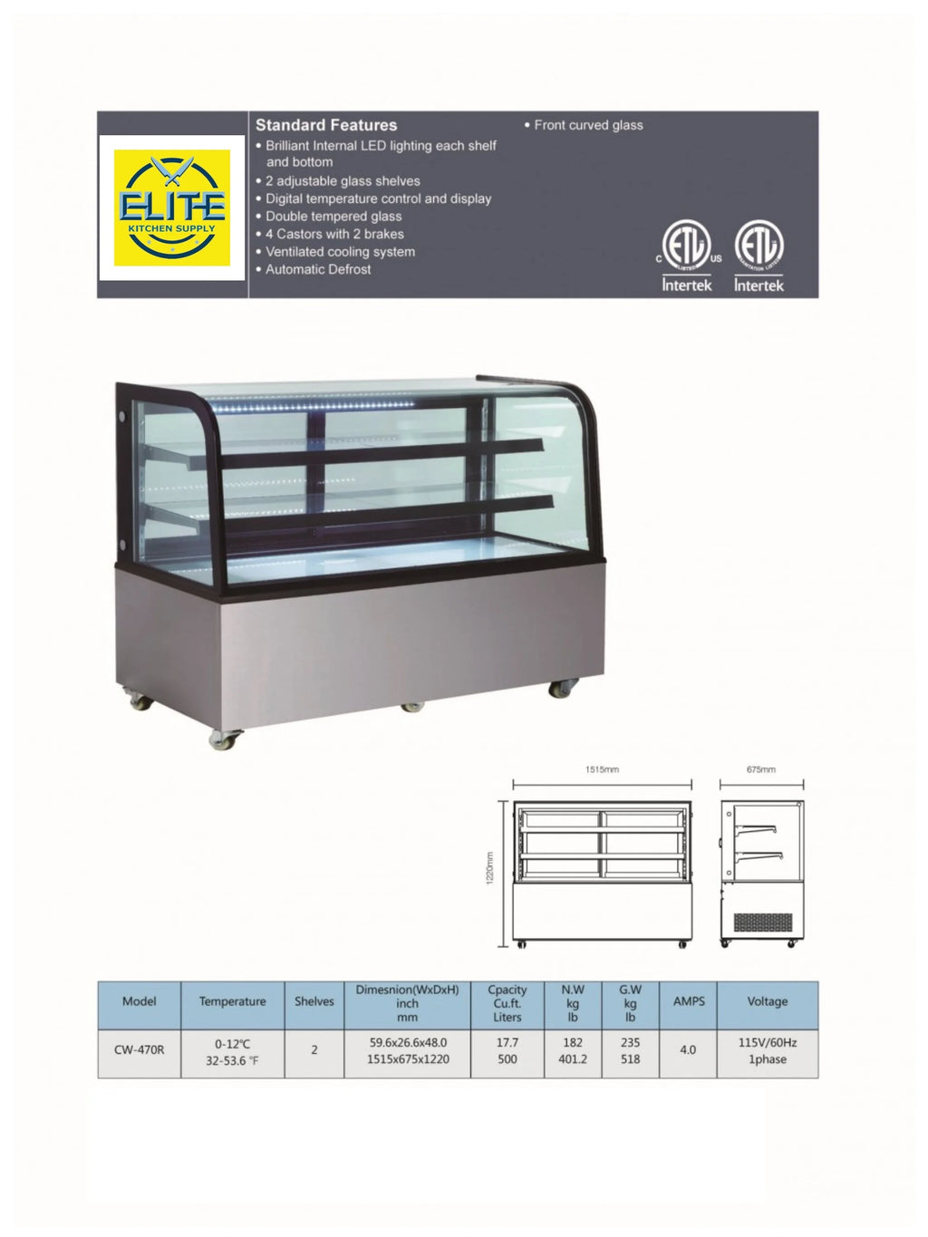 60 in. Double Tempered Glass Bakery Refrigerator Case 17.7 Cu. ft. I547602