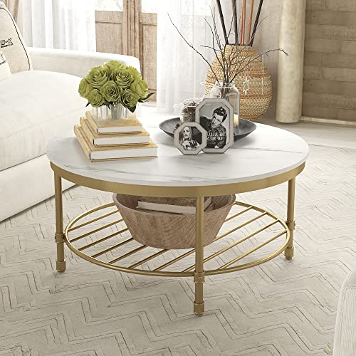 2-Tier Round Coffee Table with Storage Open Shelf E813428