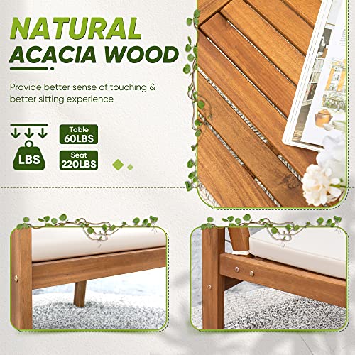 3 Piece Acacia Wood Patio Chairs with Coffee Table & Cushions M528
