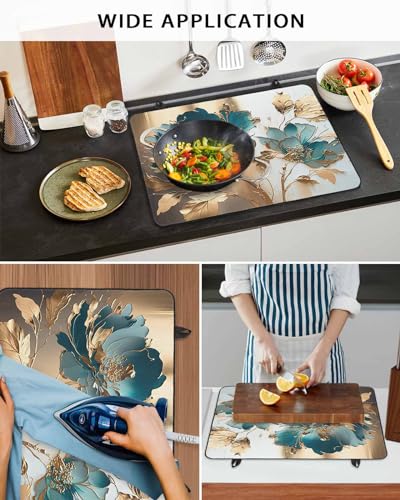 Teal Floral Blossom Gold Foil Leaves Induction Cooktop Protector Mat 24x21IN U654830