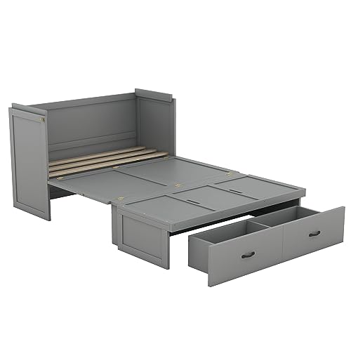 White Queen Size Foldable Wood Wall Bed Frame with Shelves and LED Lights N7393