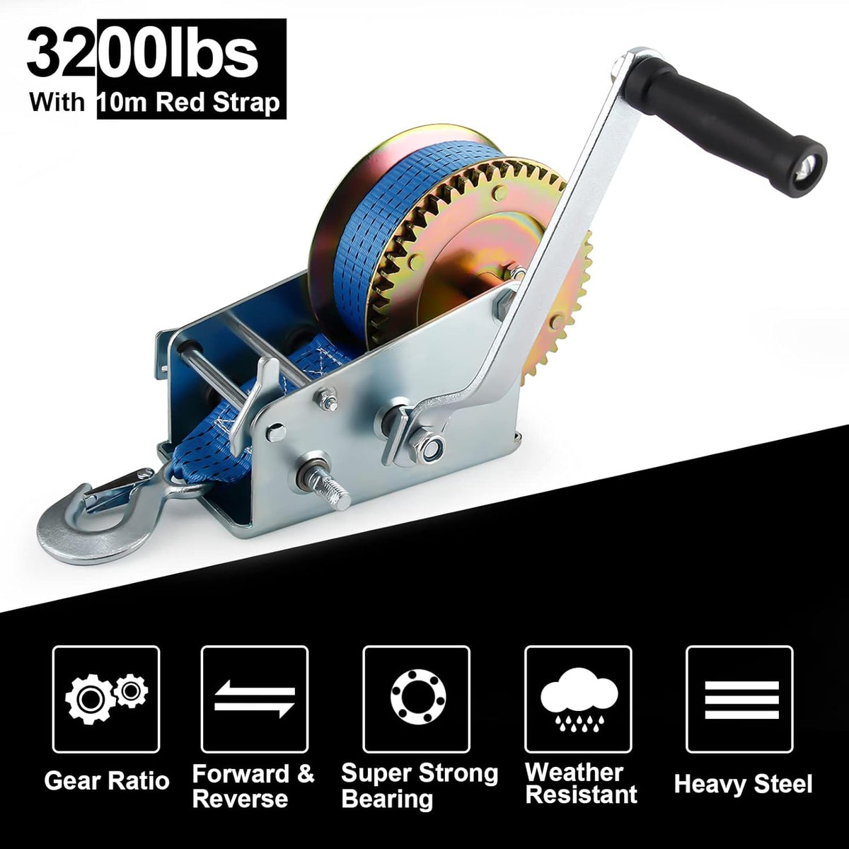 Heavy Duty Hand Winch with Polyester Strap, Blue Pack of 2 T850