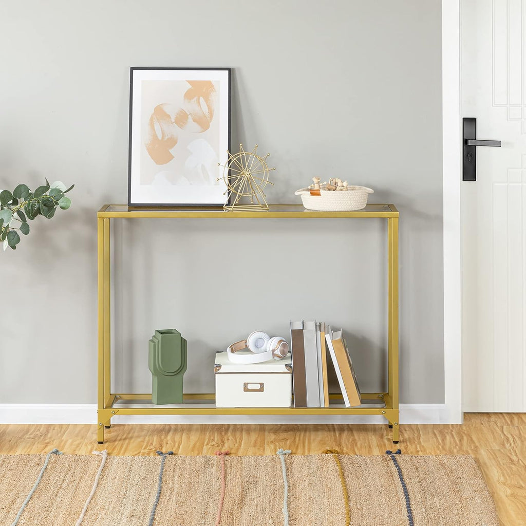 Gold Console Table with Tempered Glass and Metal Frame T459
