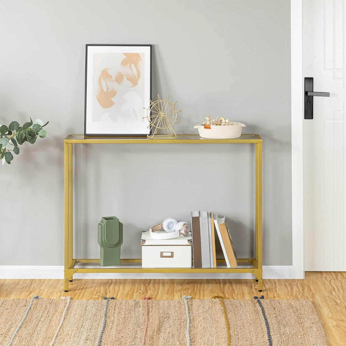 Gold Console Table with Tempered Glass and Metal Frame T459
