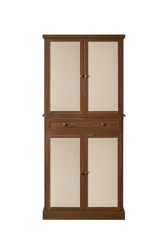 Tall Cabinet with 4 Rattan Doors and 1 Drawers, Adjustable Shelves (Walnut) R94023