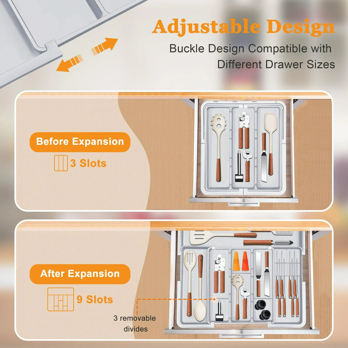 Grey Expandable Silverware Organizer with 9 Compartments Q593579