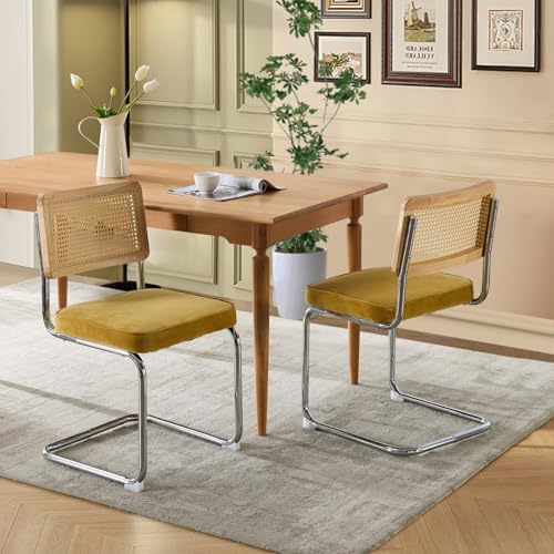 Velvet Dining Chair Set of 2 with Natural Cane Back Chrome Base Green S40440