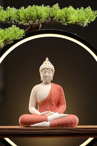 White Ceramic Buddha Statue with Green Artificial Tree and LED Circle Table Lamp, 16.5 in E362030