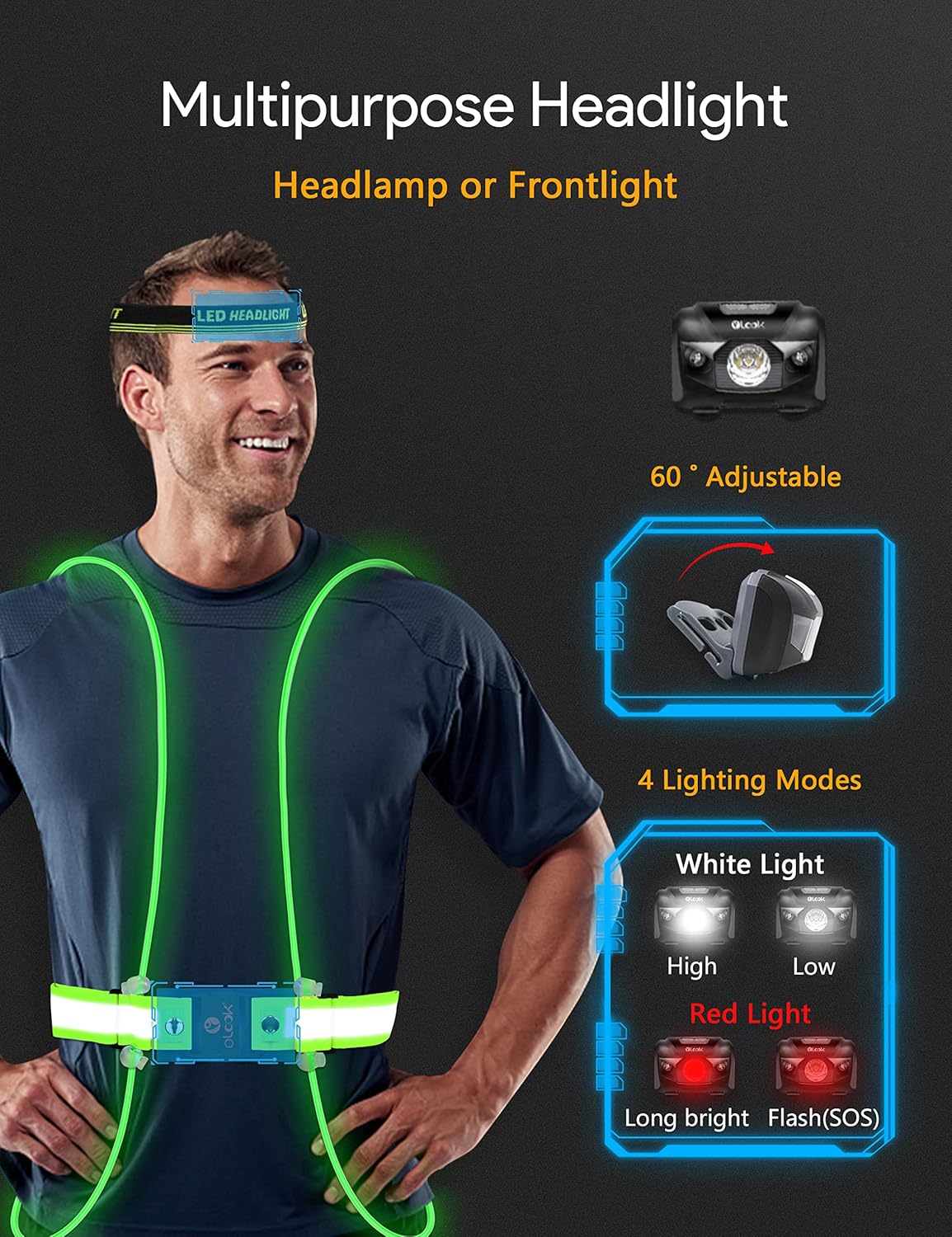 High Visibility LED Light Up Vest, 360° Reflective Safety Gear, Rechargeable Waterproof, L-Green B549