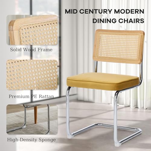 Velvet Dining Chair Set of 2 with Natural Cane Back Chrome Base Green S40440