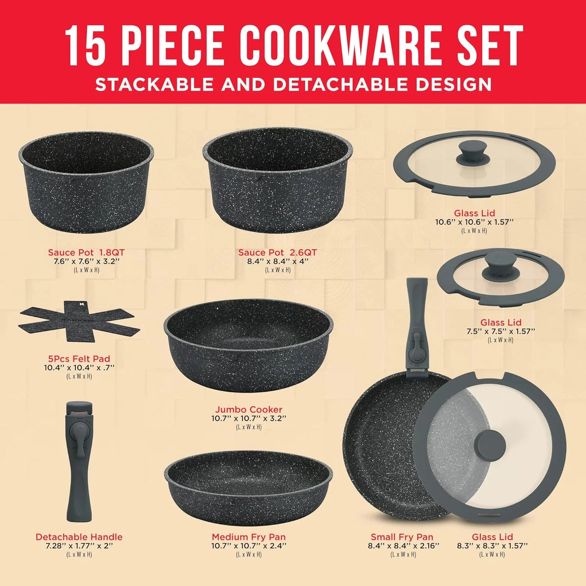 15-Piece Granite Non-Stick Cookware Set with Removable Handles K743735