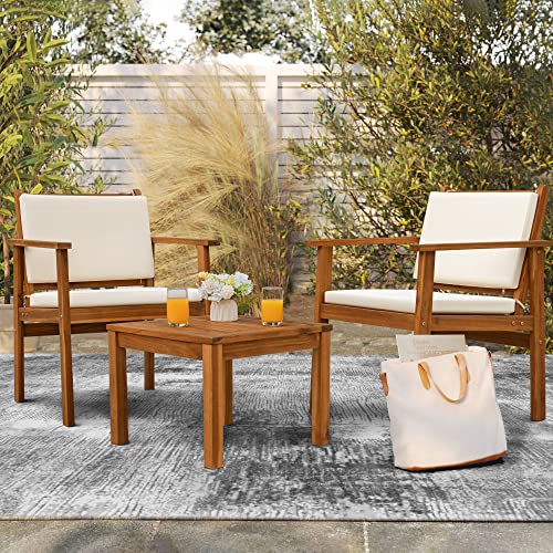 3 Piece Acacia Wood Patio Chairs with Coffee Table & Cushions M528