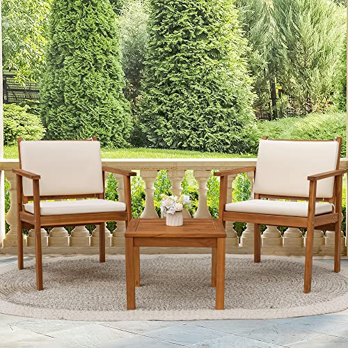 3 Piece Acacia Wood Patio Chairs with Coffee Table & Cushions M528