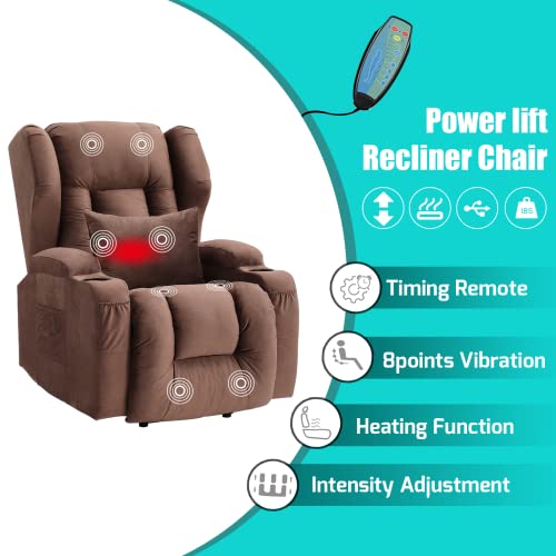 Velvet Electric Lift Recliner Chair with Massage and Heat, USB Ports, 2 Cup Holders Z93180