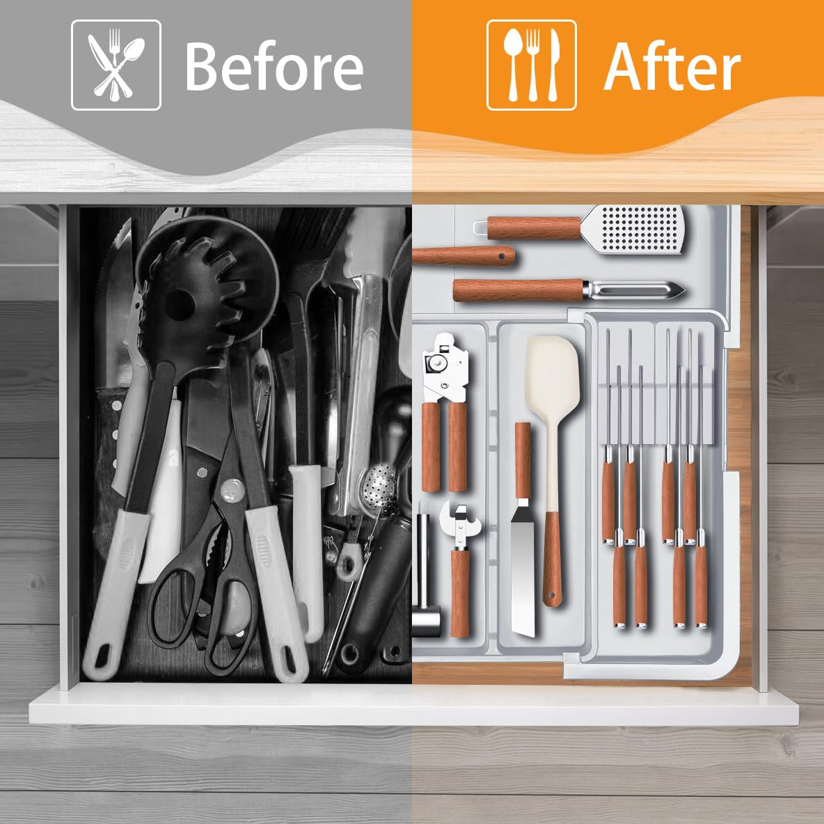 Grey Expandable Silverware Organizer with 9 Compartments Q593579