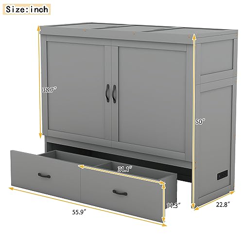 White Queen Size Foldable Wood Wall Bed Frame with Shelves and LED Lights N7393