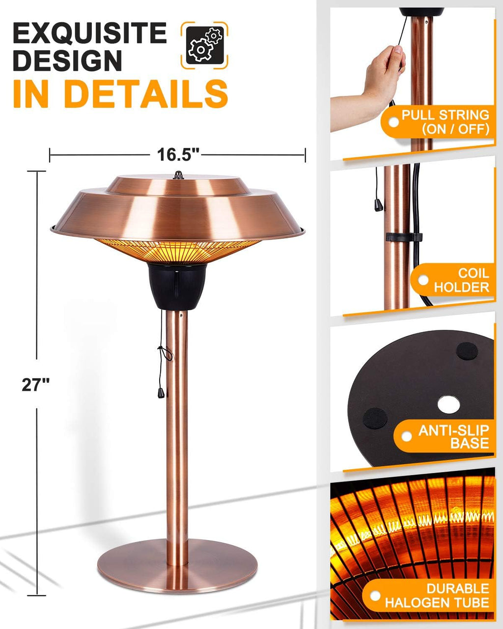 1500W Infrared Electric Patio Heater with Brush Copper Finished G805