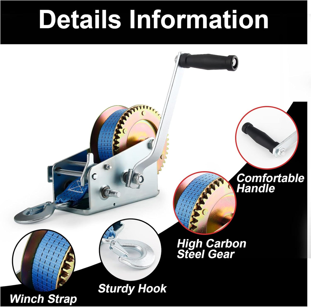 Heavy Duty Hand Winch with Polyester Strap, Blue Pack of 2 T850