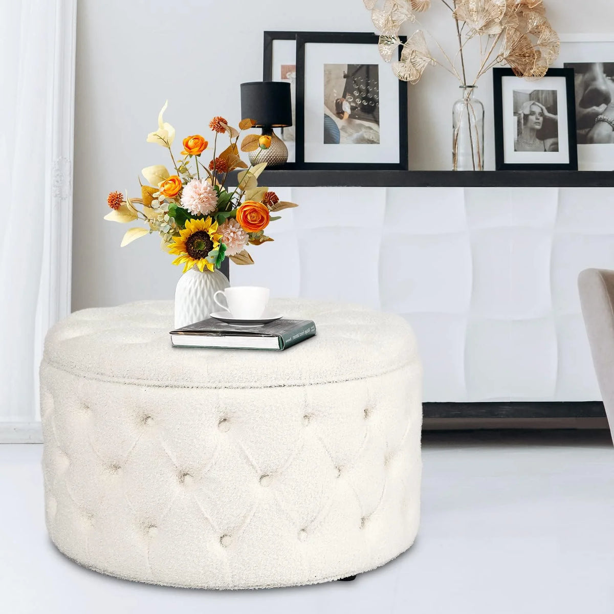 White Round Storage Ottoman S403170