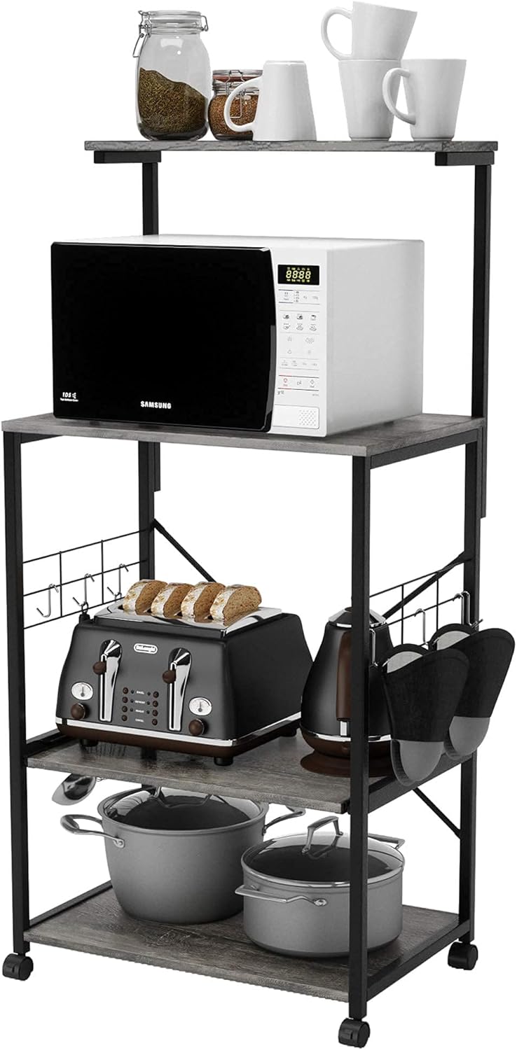 Rustic Brown 4 Tier Kitchen Baker's Rack with Storage Shelf and 10 Side Hooks W665189