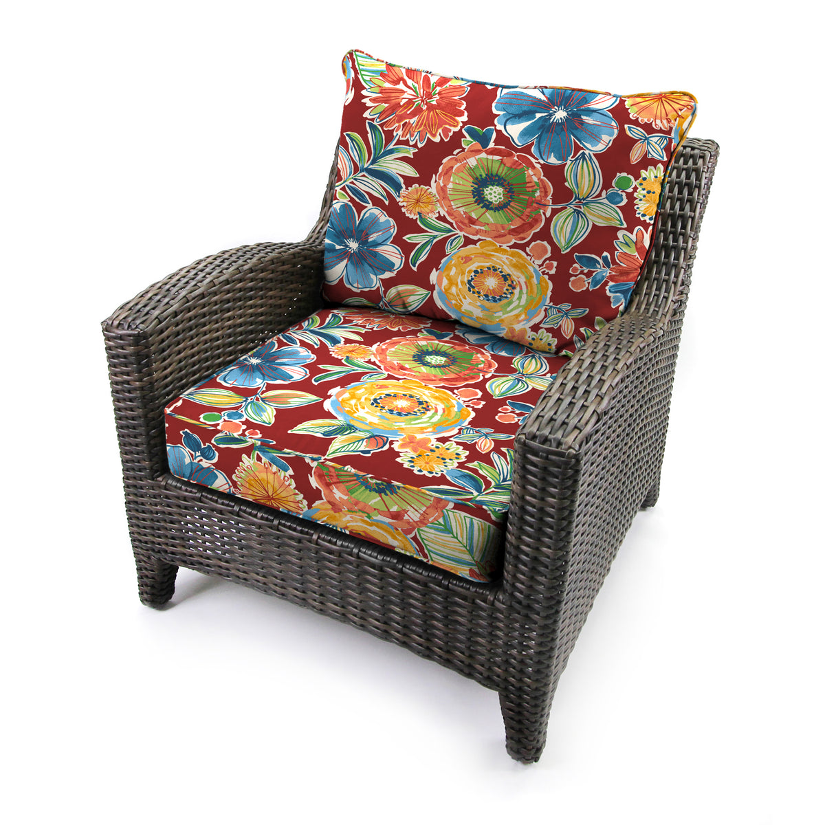Colsen Berry Red Floral Rectangular Outdoor Deep Seating Chair Seat and Back Cushion with Welt V192