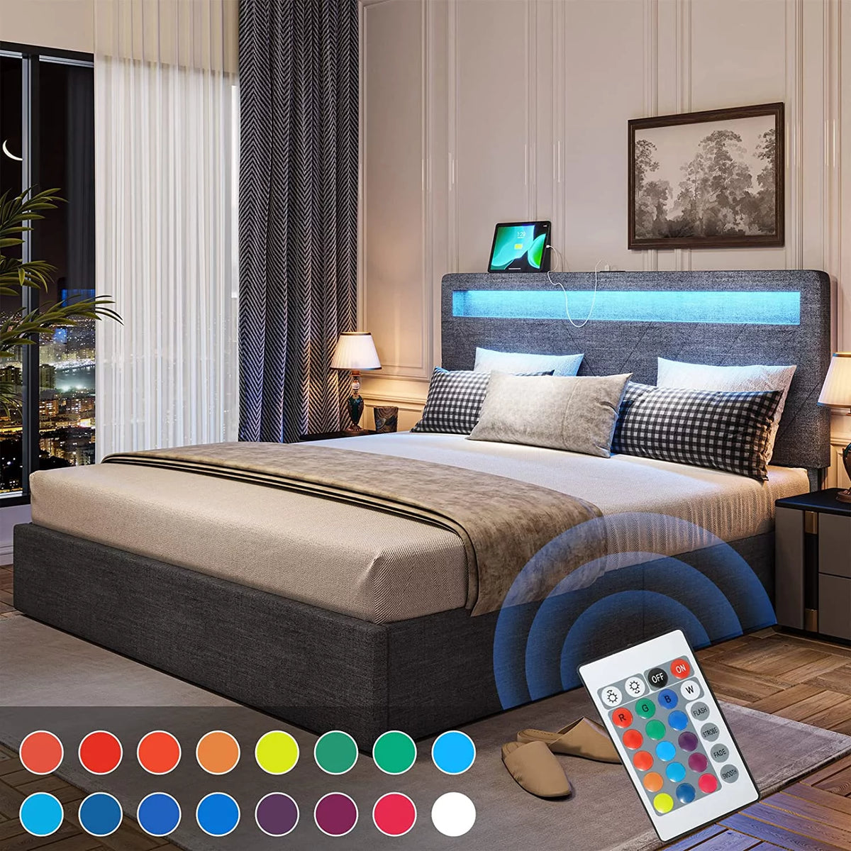 Queen Upholstered Platform Bed Frame with 4 Storage Drawers and LED Headboard A9811