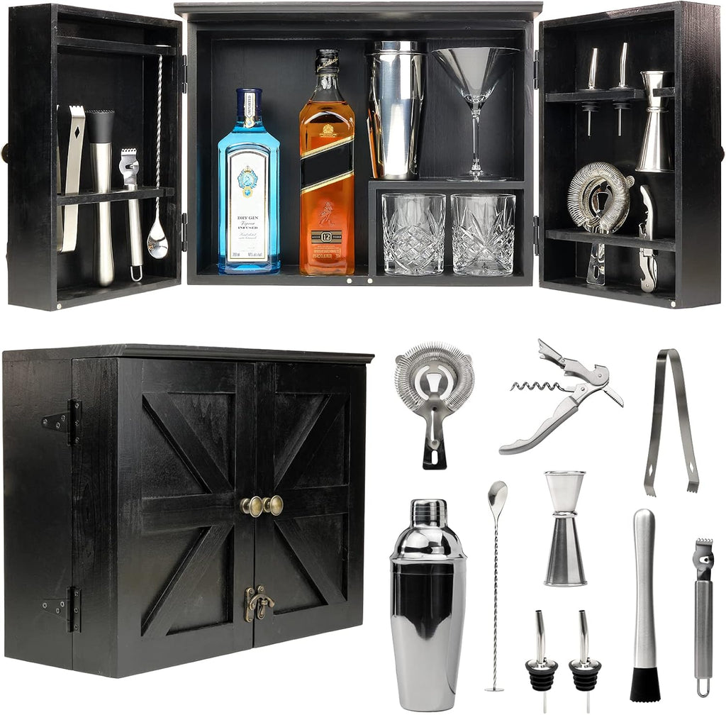 Rustic Brown Bar Cabinet with 12 Piece Bar Tool Set R83440