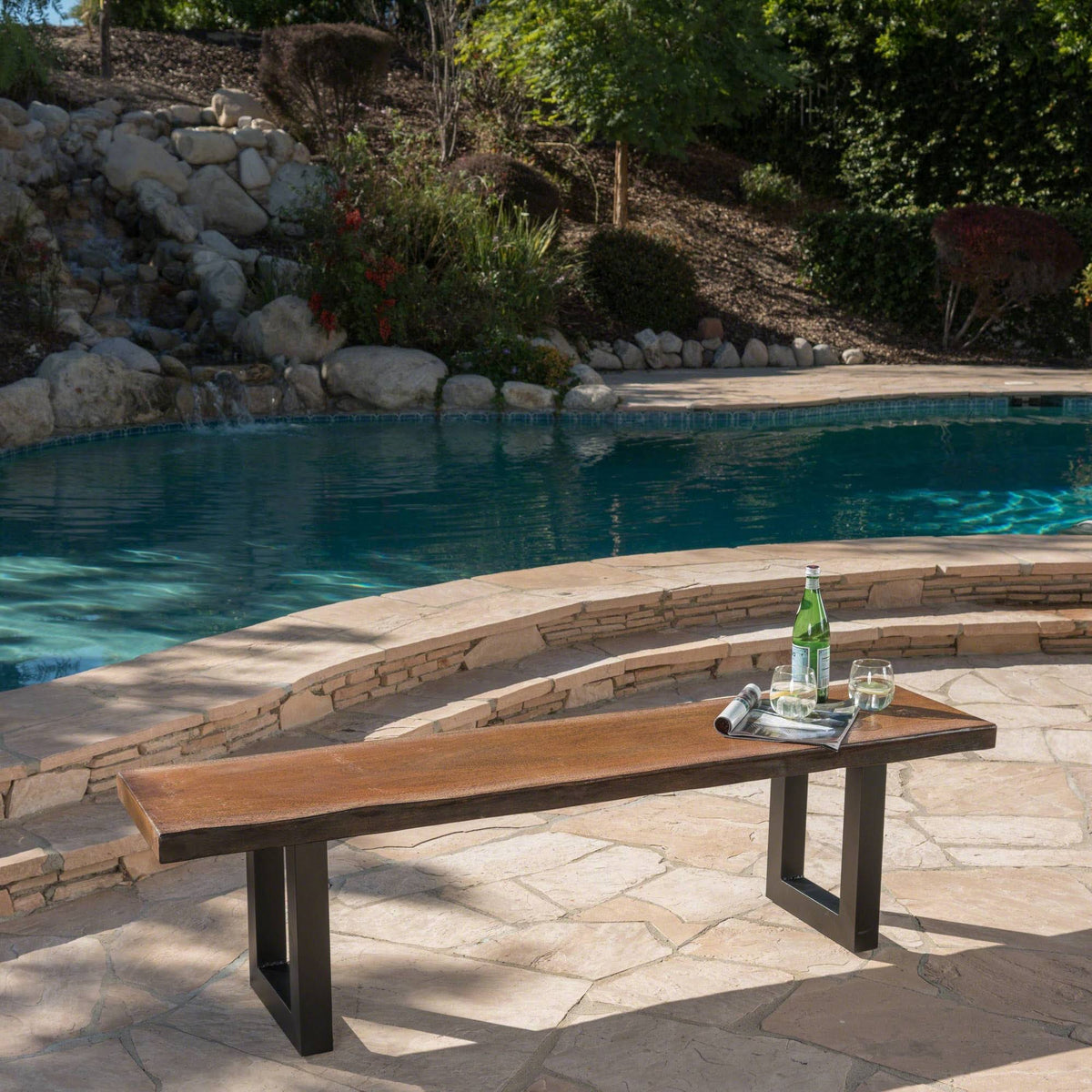 Teak Concrete Faux Live Edge Patio Dining Bench N313989