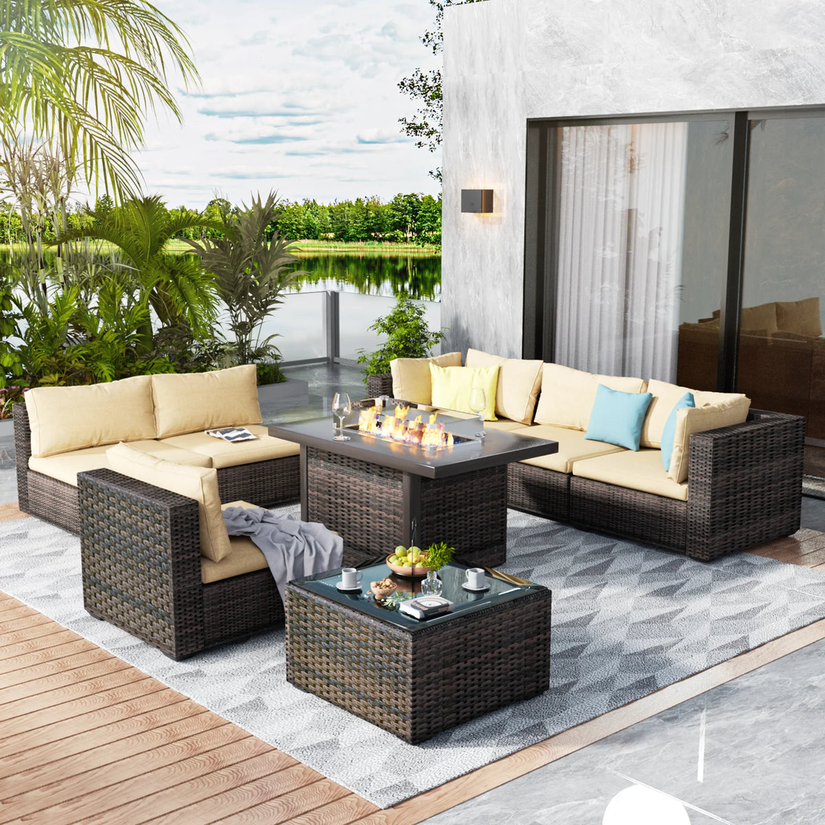 8 Pieces All Weather Wicker Sectional Sofa with Black-Glass Table Y723