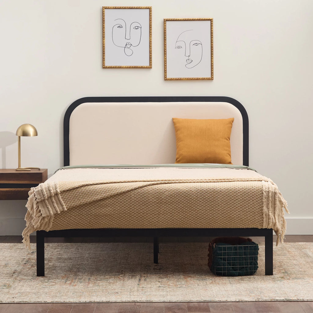 Queen Cream Metal Platform Bed with Upholstered Headboard P994