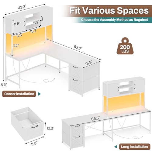 Black L Shaped Computer Desk with Fabric Drawers and Power Outlet T246