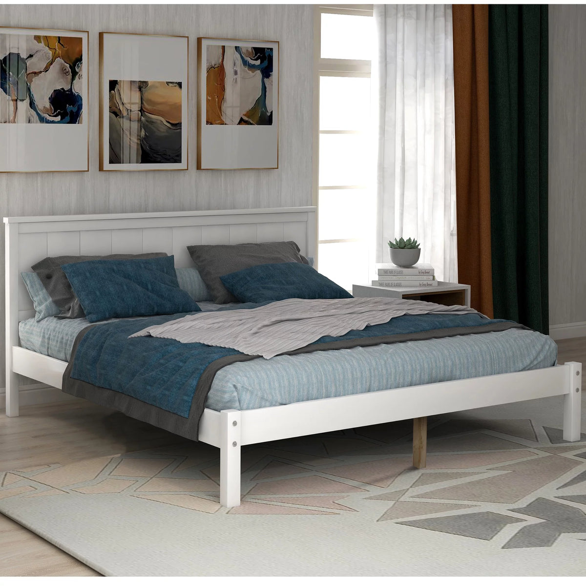 White Full Platform Bed Frame with Headboard S3263