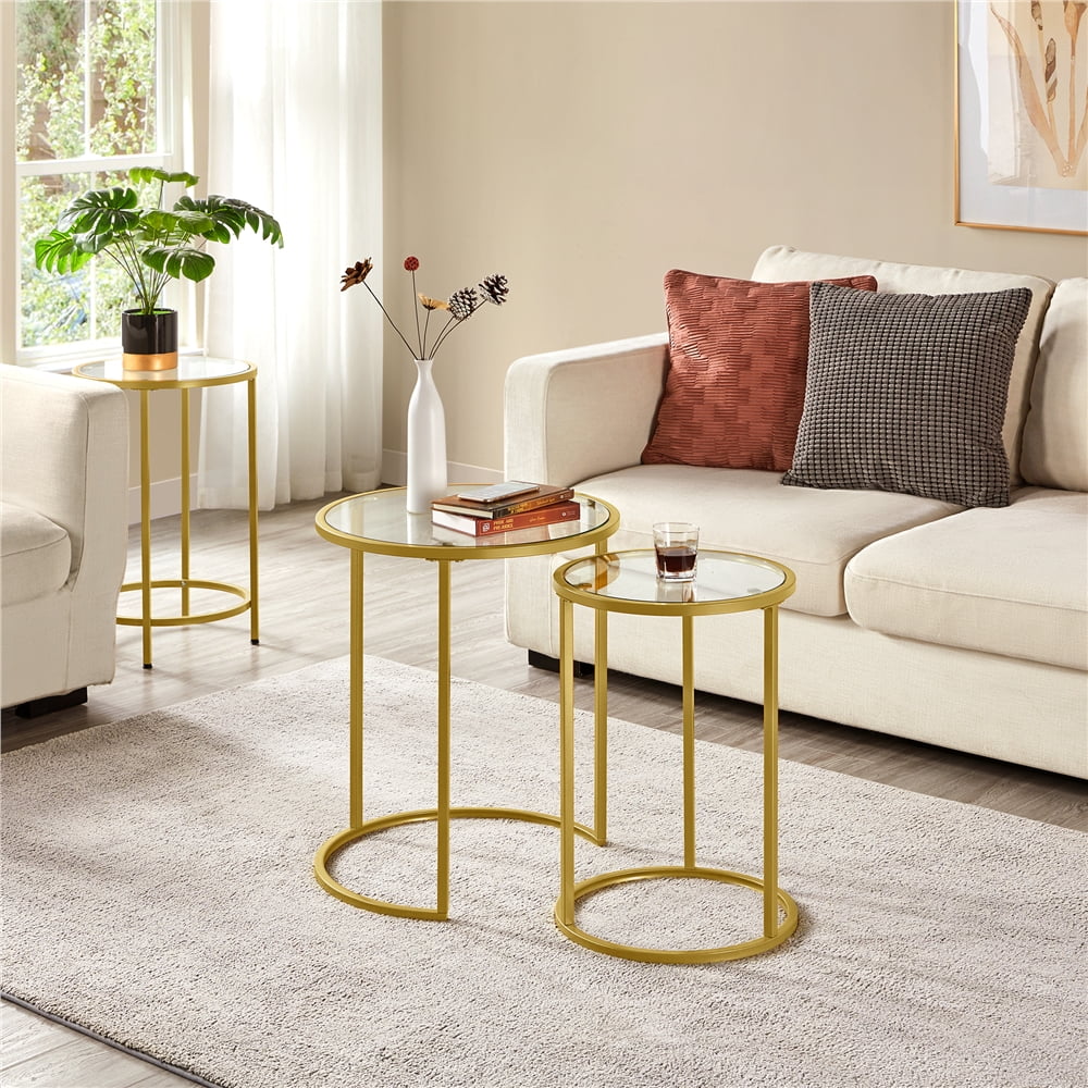 Round Nesting End Table Set with Metal Frame and Glass Top Q9014