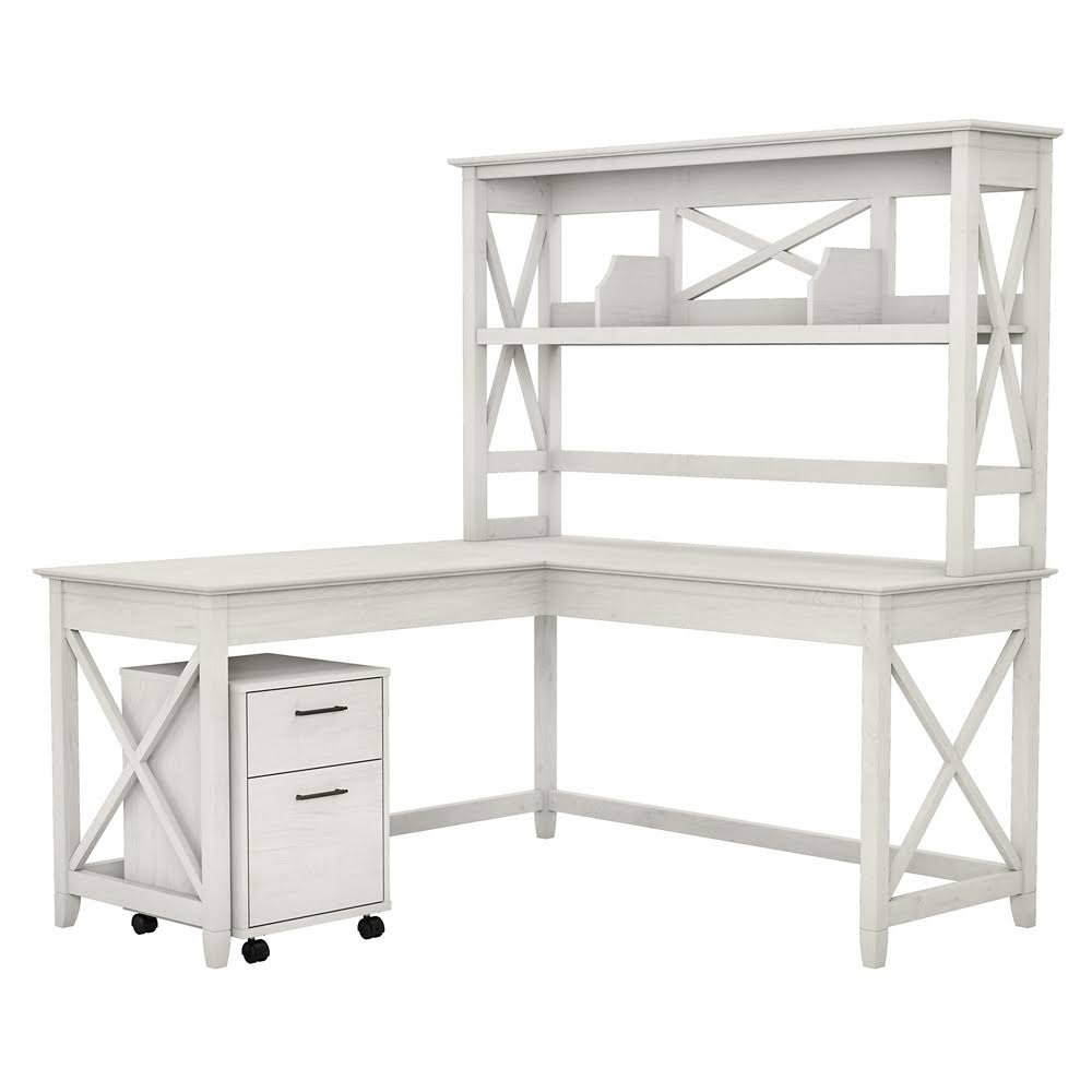 Linen White Oak L Shaped Desk with Hutch and 2 Drawer Mobile File Cabinet E3568