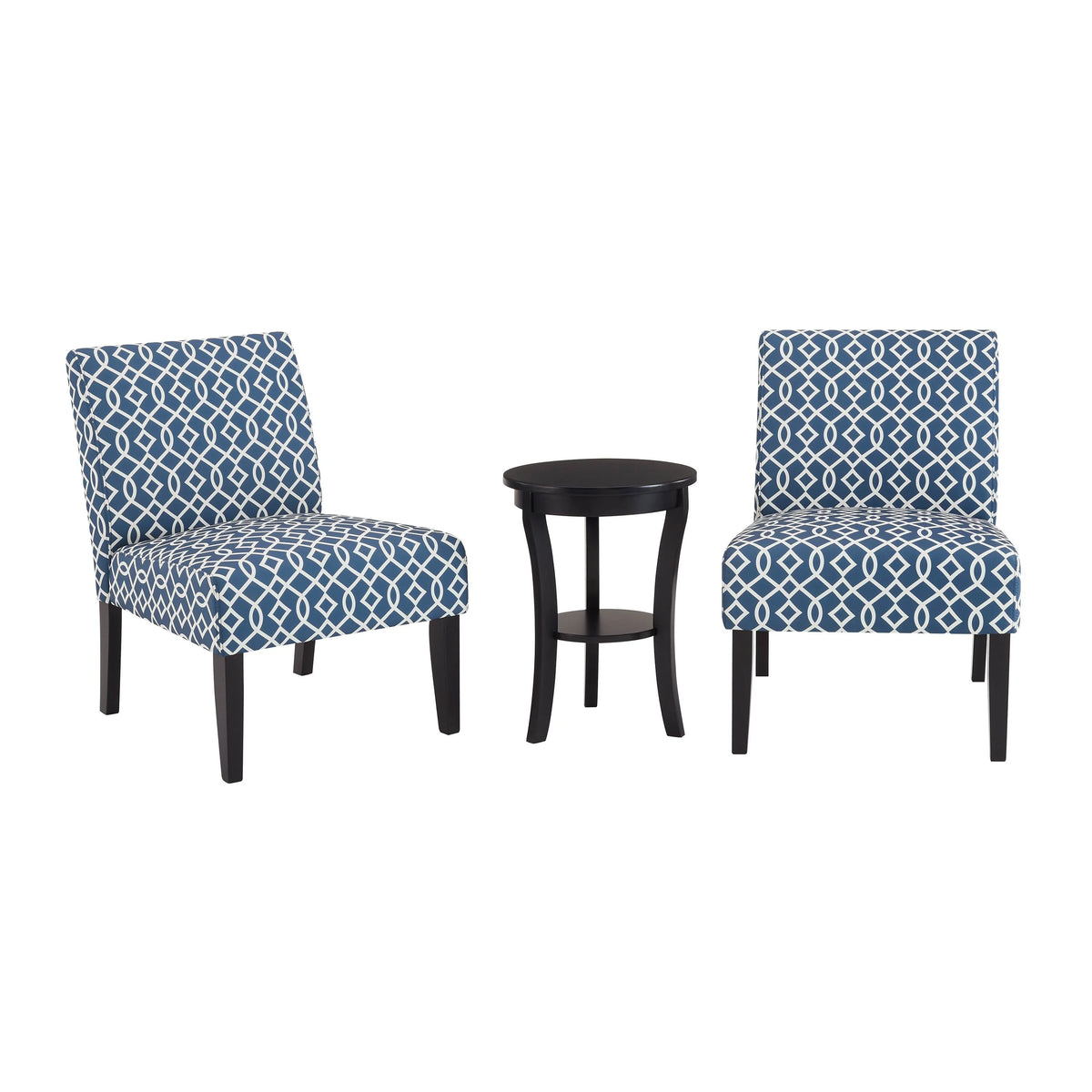 3pc Blue Fabric Upholstered Side Table and 2 Chairs O3764