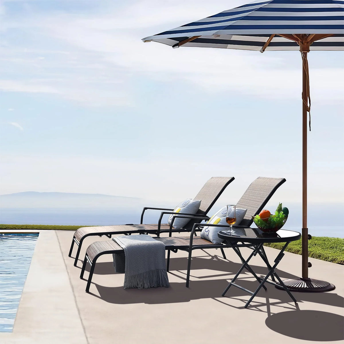 3 Pcs Adjustable Steel Outdoor Chaise Lounge Set with Tempered Glass K572370