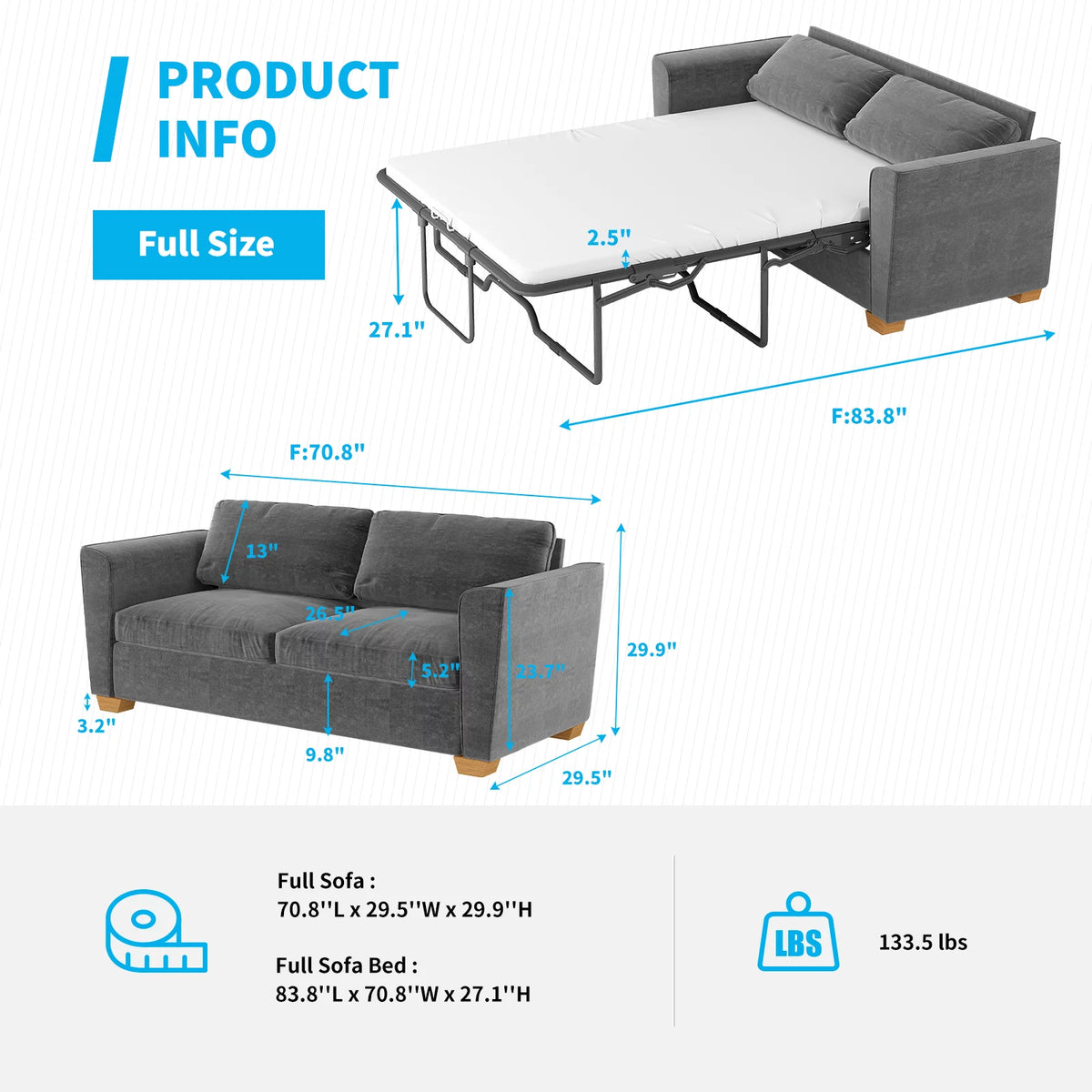 Grey Full Pull Out Sofa Bed with Memory Foam Mattress D9670