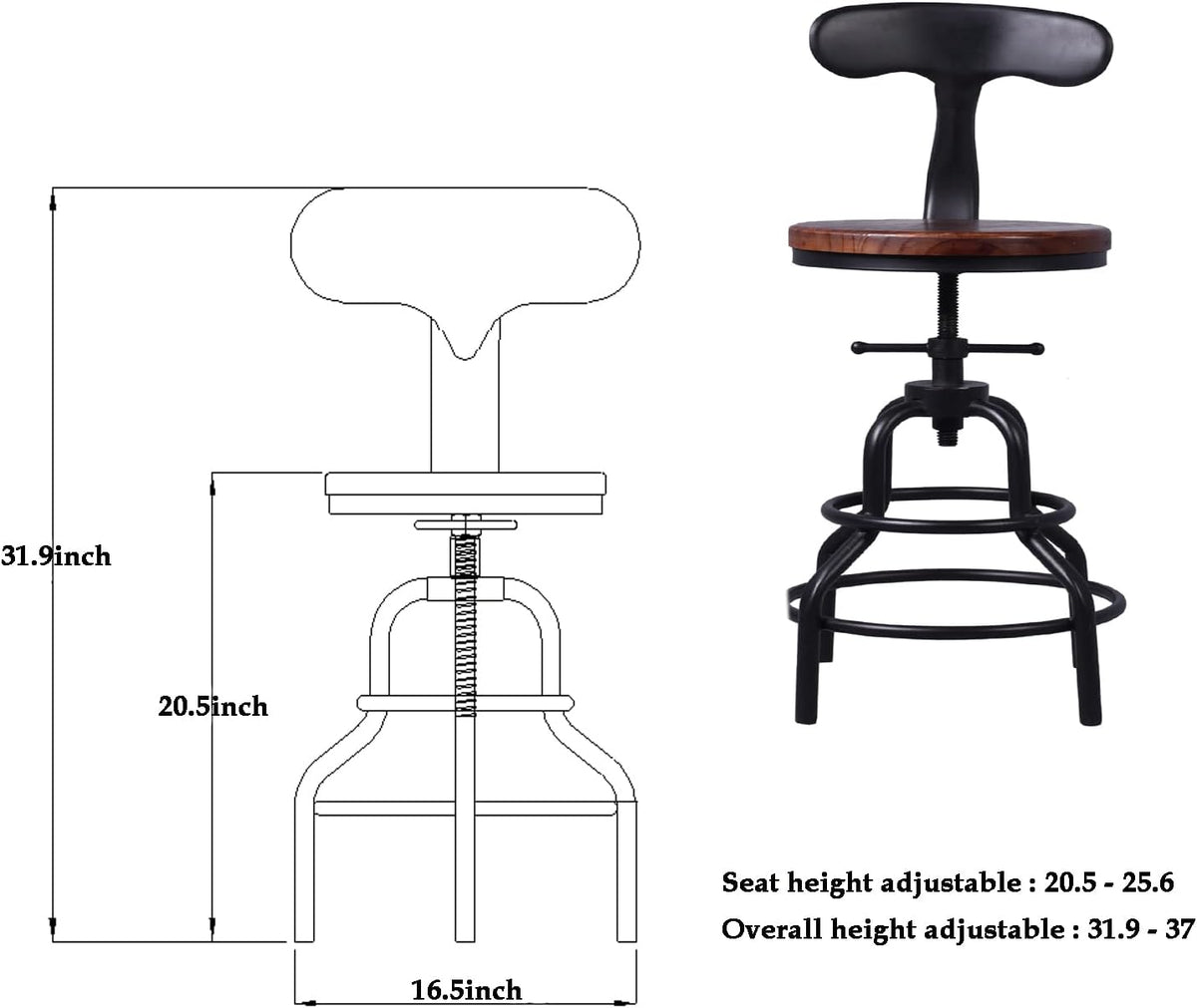 Industrial Vintage Bar Stool, 27 Inch, Set of 2 D481
