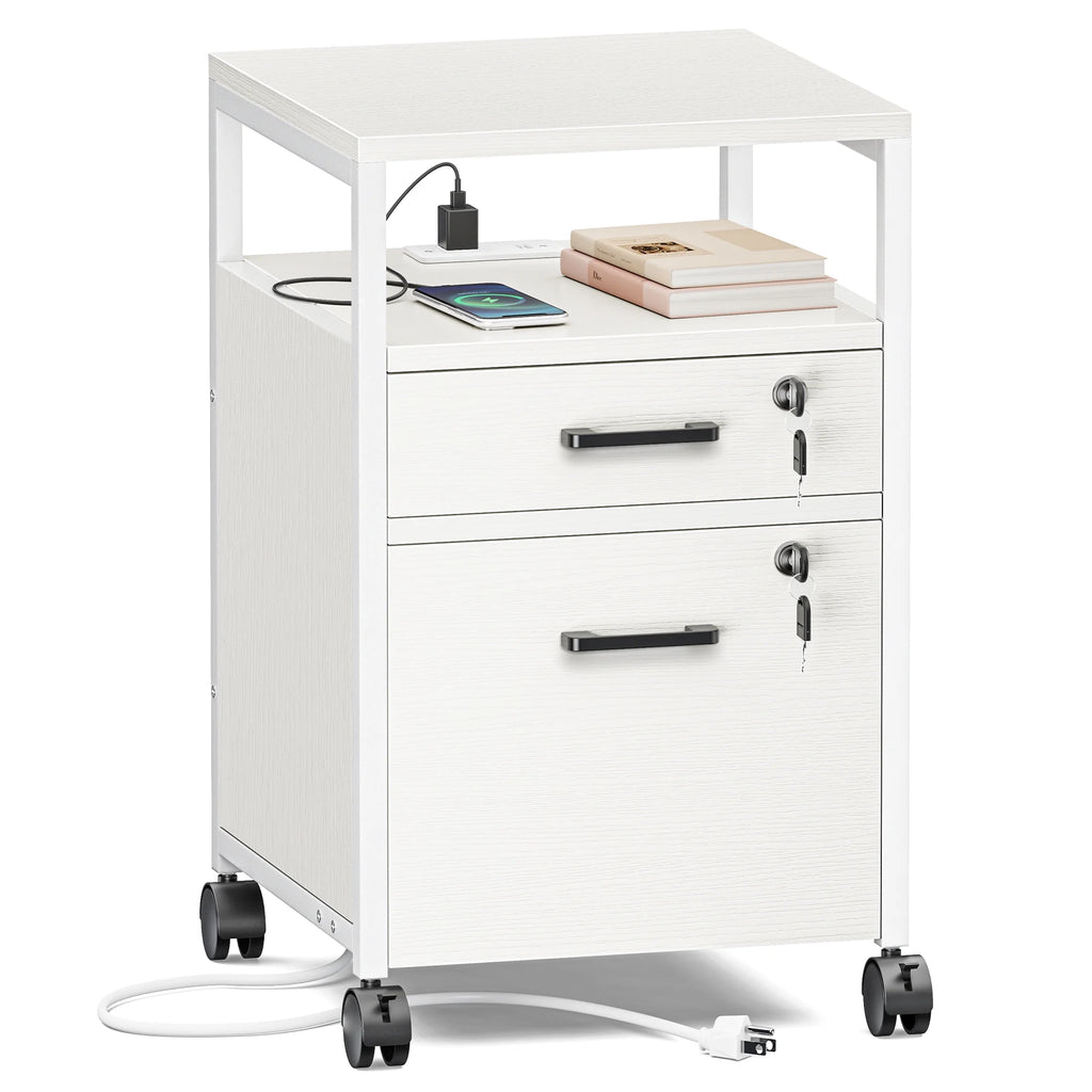 White 2 Drawer Mobile File Cabinet with Lock and Charging Station J65394