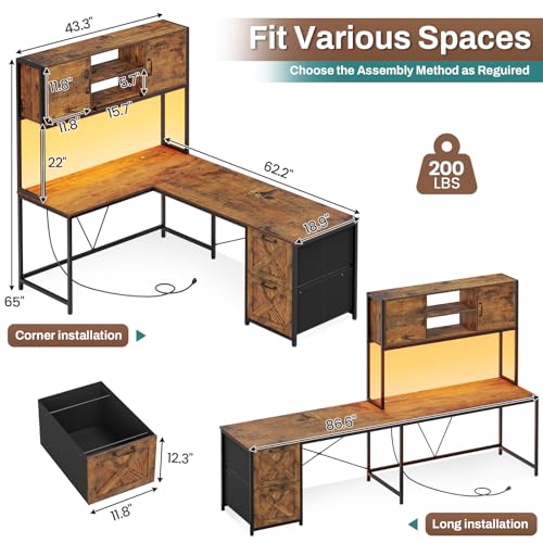 Black L Shaped Computer Desk with Fabric Drawers and Power Outlet T246