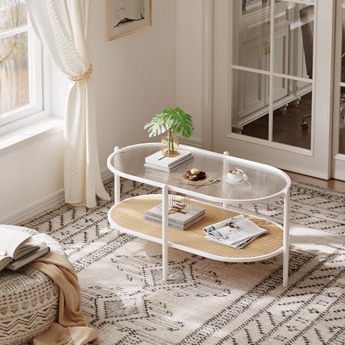 37" Rattan Oval Coffee Table, 2-Tier Storage Shelf Metal Frame B128