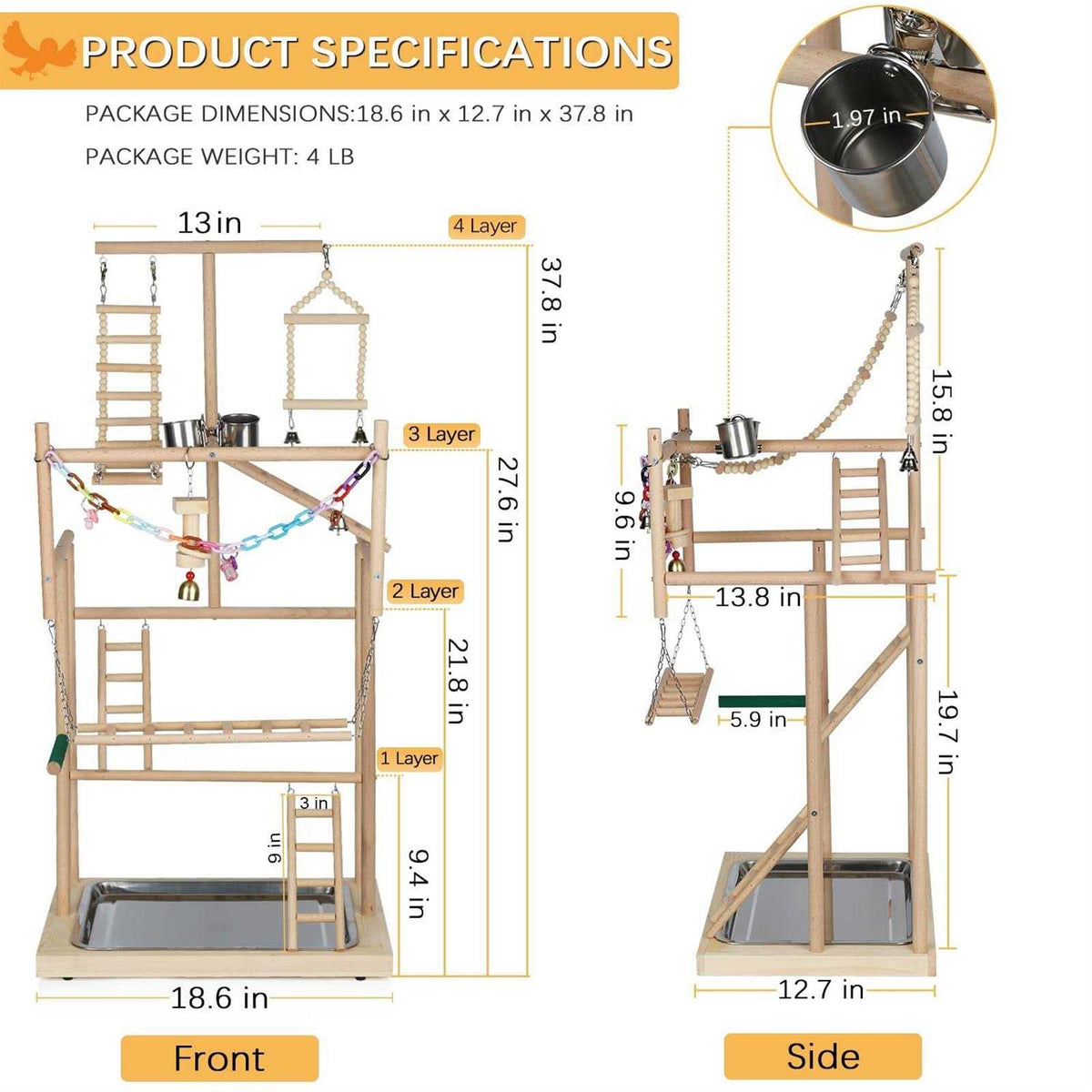 Wood Bird Playstand with Feeder Cups and Bells M3294